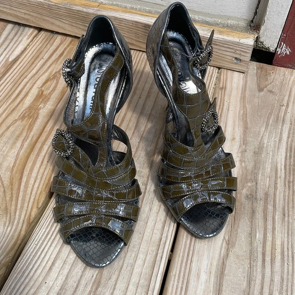 Just Cavalli Olive Green Embossed Leather Strappy Stiletto Sandals EU 37 US 6.5
